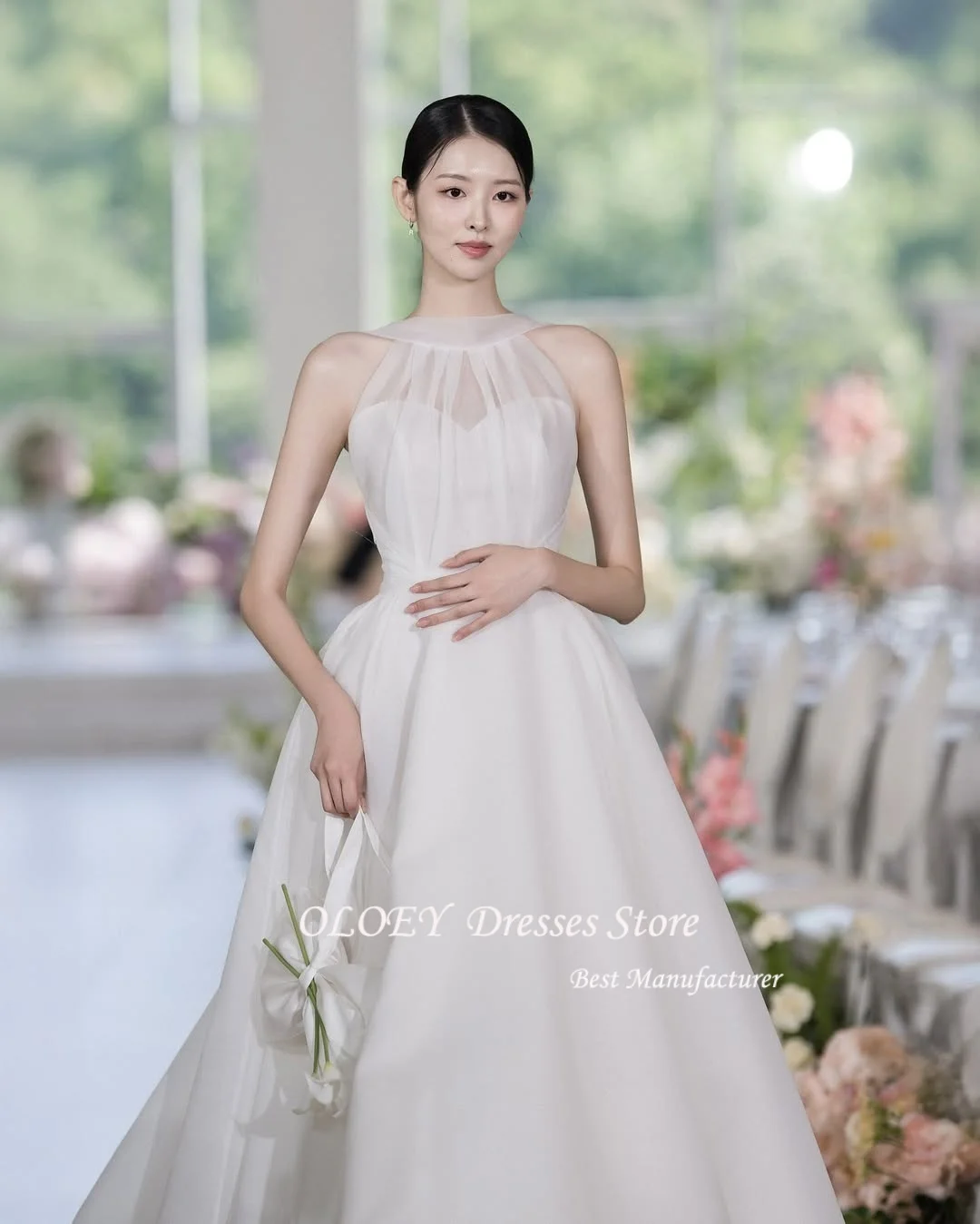 OLOEY Halter Sleeveless Korea Wedding Photo Shoot Dress Floor Length Organza Pleat Fairy Bridal Gowns Custom Made 웨딩드레스 2025