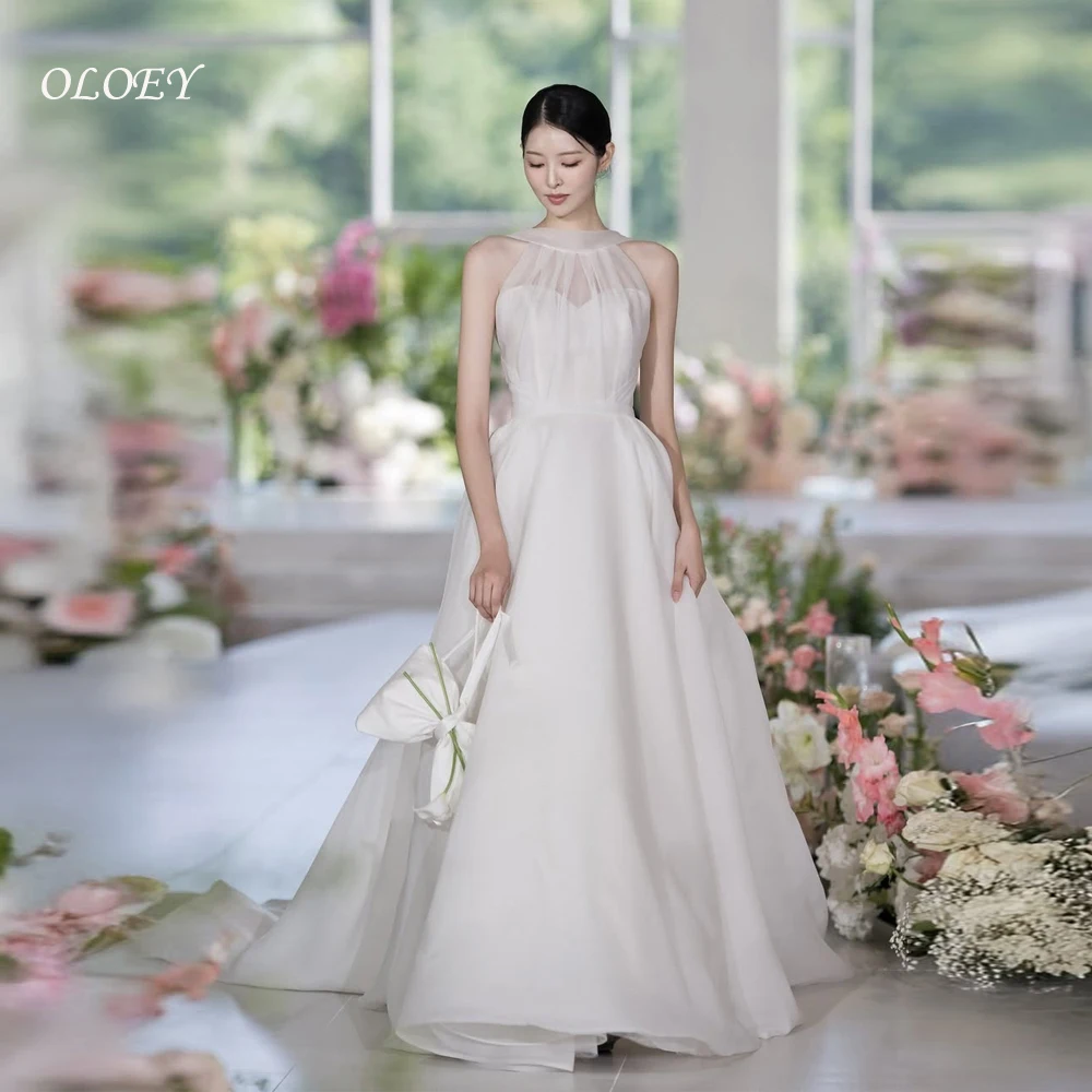 OLOEY Halter Sleeveless Korea Wedding Photo Shoot Dress Floor Length Organza Pleat Fairy Bridal Gowns Custom Made 웨딩드레스 2025