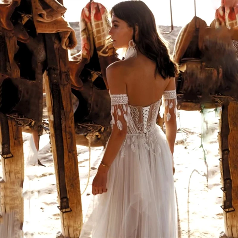 Boho Deep Wedding Dress Organza With Embroidery Beach A-Line Ballgown Sleeveless Strapless Bride Dress Customized Robe De Mariee
