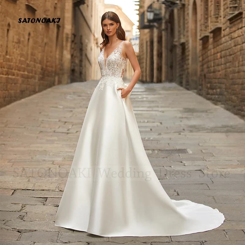 Customized Elegant Sexy Ivory Boho V-Neck Satin Lace Wedding Dress with Pocket Bow for Women Appliques A-Line Vestidos De Novia