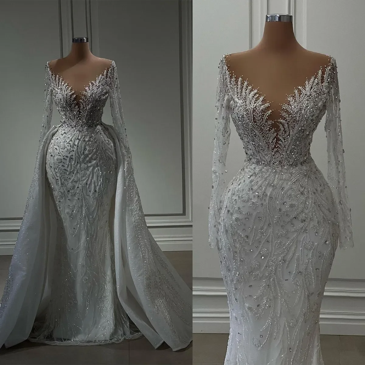 Customized Mermaid Wedding Dresses With Detachable Train Sheer Neck Long Sleeve vestidos de novia Beading Appliques Bride Dress