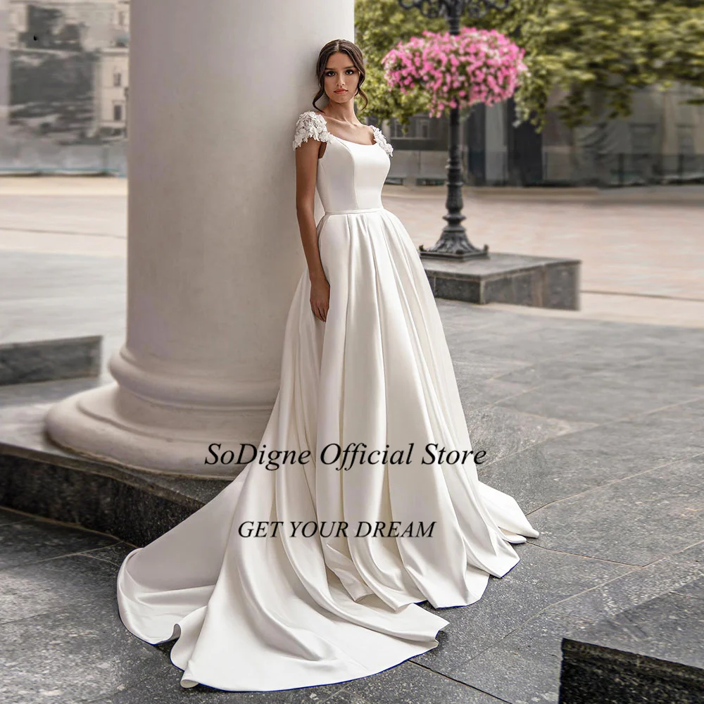SoDigne Satin Wedding Dress For Women Elegant Cap Sleeves Scoop Neck Flowers Women A-Line Bridal Gown With Pockets Customized