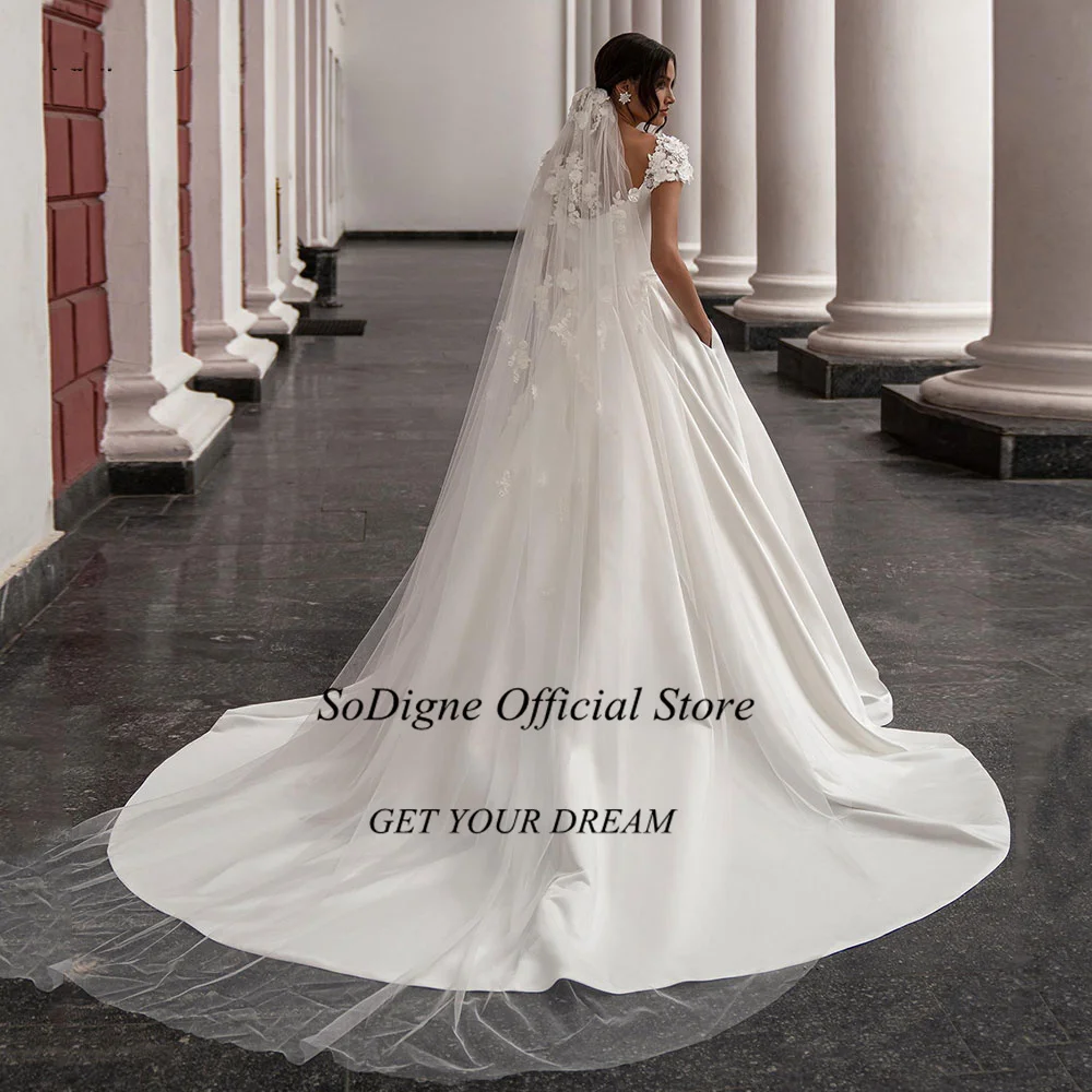 SoDigne Satin Wedding Dress For Women Elegant Cap Sleeves Scoop Neck Flowers Women A-Line Bridal Gown With Pockets Customized