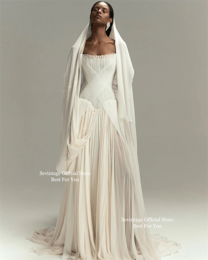 Sevintage Ivory Elegant Chiffon Wedding Dresses Sleeveless Pleated A-Line Bridal Dresses Floor Length Formal Prom Gowns Customiz