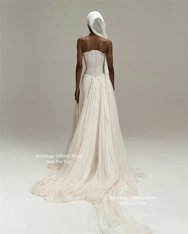 Sevintage Ivory Elegant Chiffon Wedding Dresses Sleeveless Pleated A-Line Bridal Dresses Floor Length Formal Prom Gowns Customiz