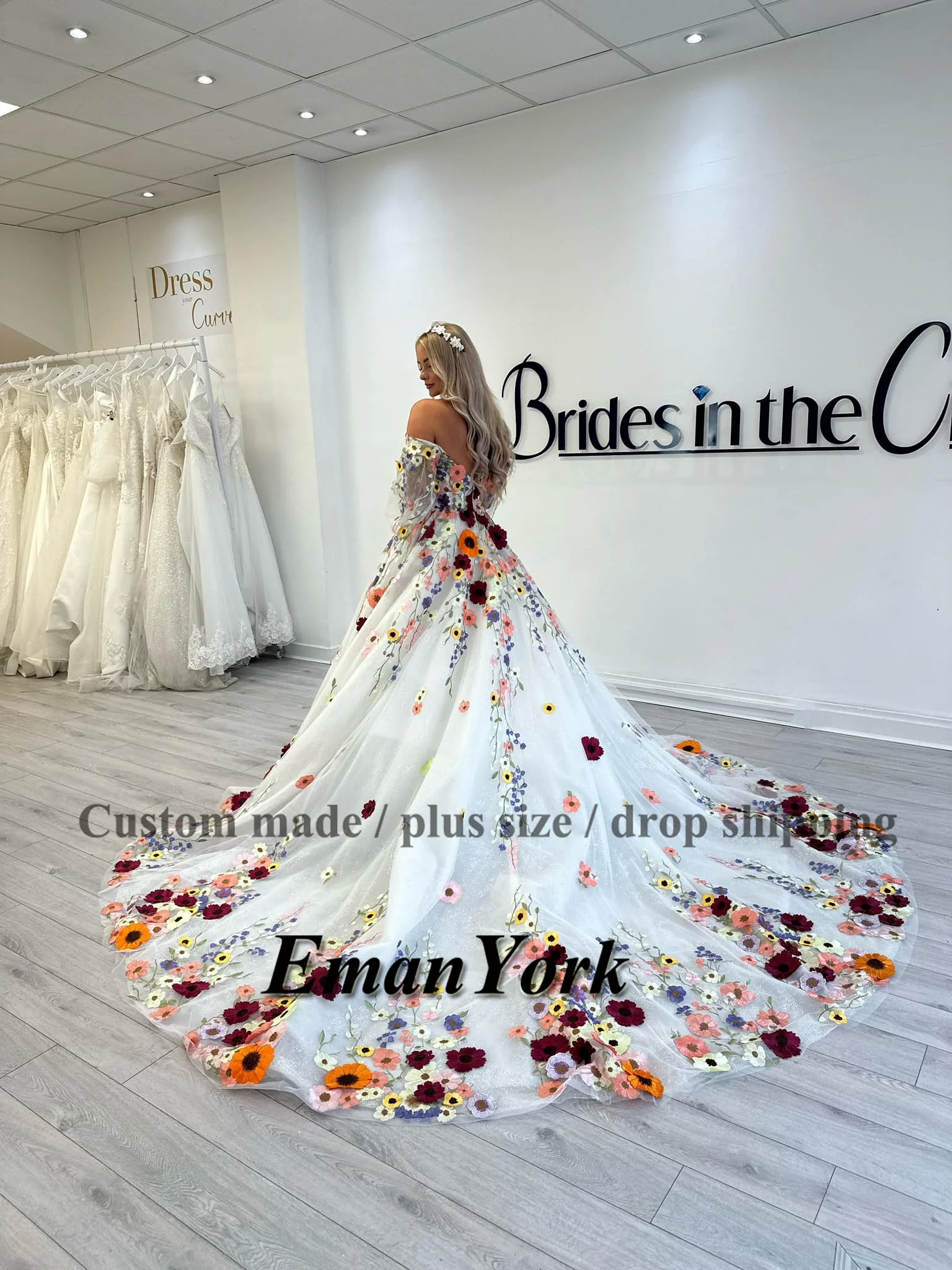 EmanY Pastoral Sweetheart Wedding Dresses for Women Bridal Zipper Court Train Off the Shoulder A-line Pleat Customized