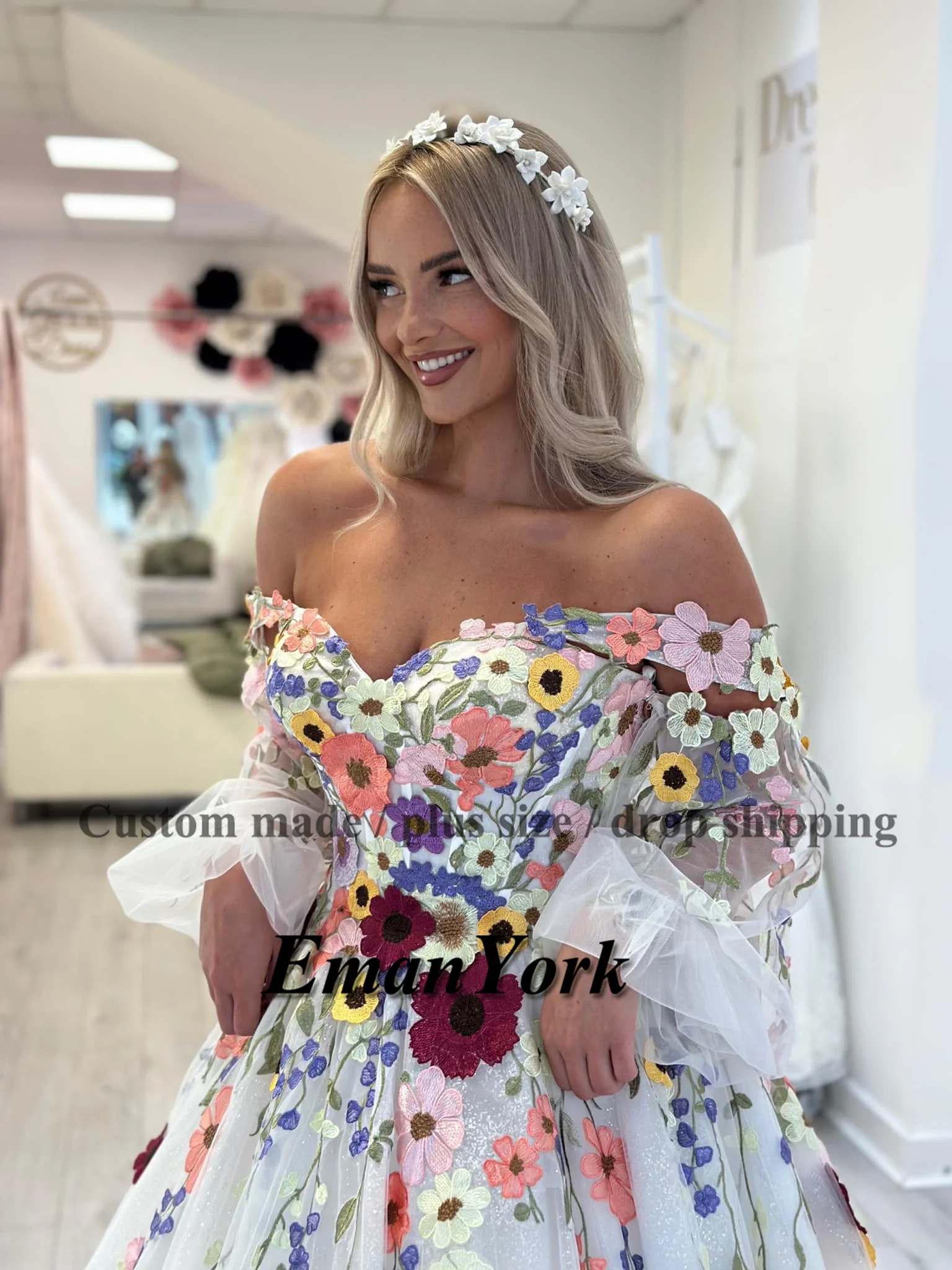 EmanY Pastoral Sweetheart Wedding Dresses for Women Bridal Zipper Court Train Off the Shoulder A-line Pleat Customized