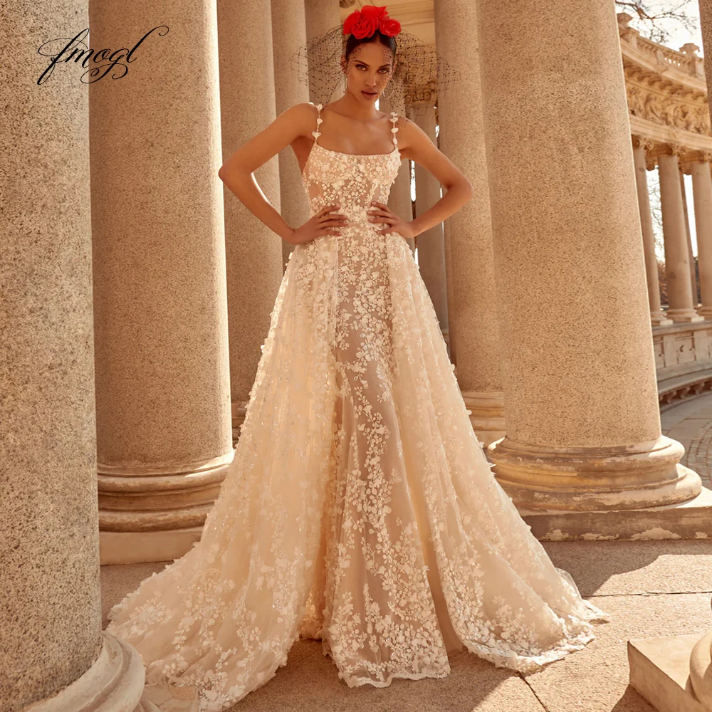 Customized Exquisite Strapless Detachable Train Lace Mermaid Wedding Dresses Sexy Illusion Flowers Beaded Vintage Bridal Gown