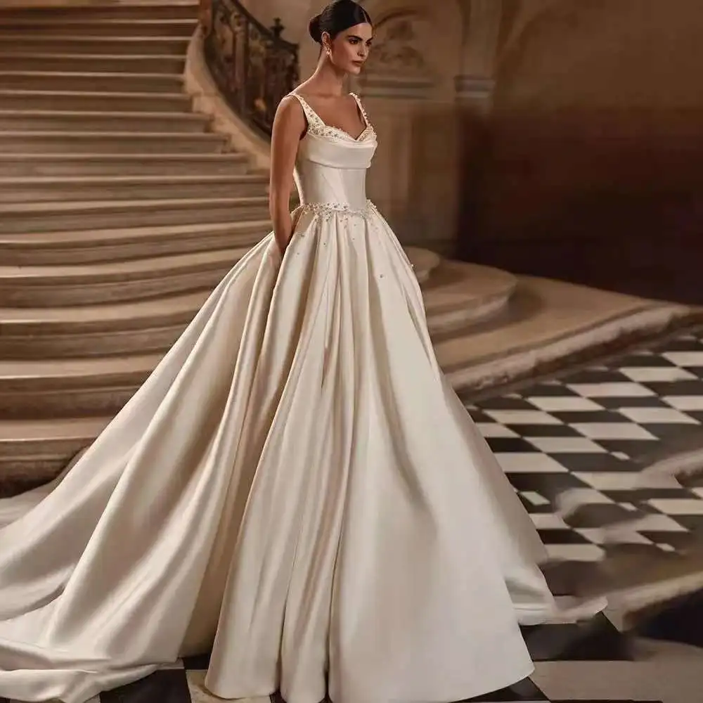 Pearls A-Line Wedding Dresses Straps Sweetheart Long Train Bridal Gowns Lace Up Back Customized 2025