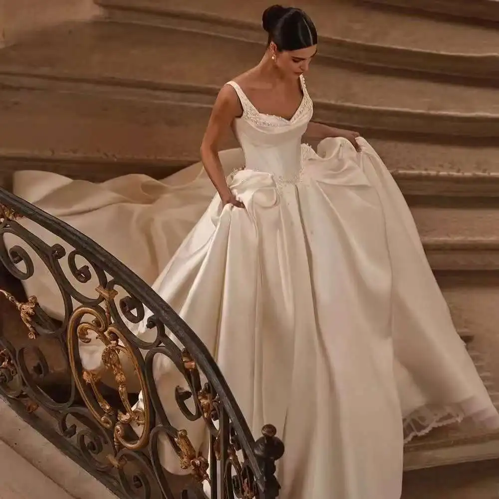 Pearls A-Line Wedding Dresses Straps Sweetheart Long Train Bridal Gowns Lace Up Back Customized 2025
