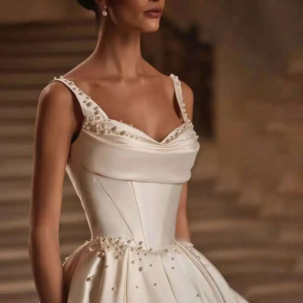 Pearls A-Line Wedding Dresses Straps Sweetheart Long Train Bridal Gowns Lace Up Back Customized 2025