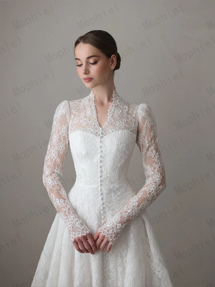 Mophiel Lace Weddings Dresses High Collar Long Illusion Sleeve A Line Bride Dress Sweep Train Church Bridal Gown Customized