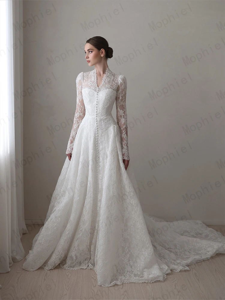 Mophiel Lace Weddings Dresses High Collar Long Illusion Sleeve A Line Bride Dress Sweep Train Church Bridal Gown Customized