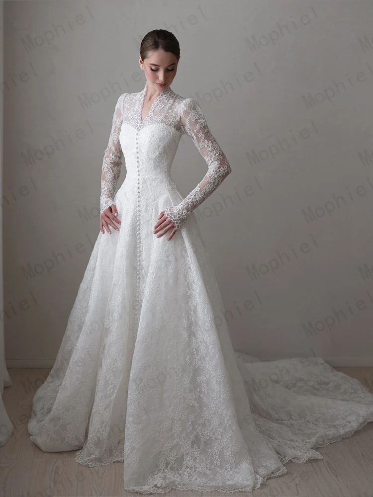 Mophiel Lace Weddings Dresses High Collar Long Illusion Sleeve A Line Bride Dress Sweep Train Church Bridal Gown Customized