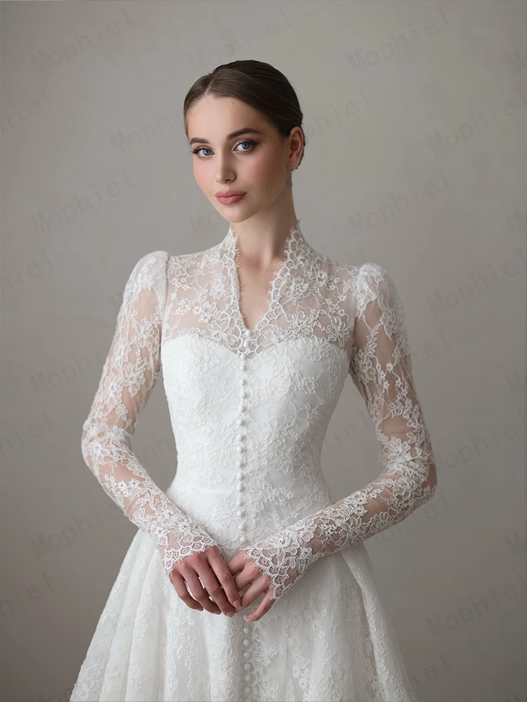 Mophiel Lace Weddings Dresses High Collar Long Illusion Sleeve A Line Bride Dress Sweep Train Church Bridal Gown Customized