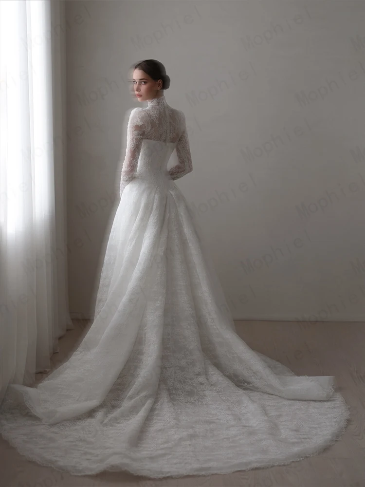 Mophiel Lace Weddings Dresses High Collar Long Illusion Sleeve A Line Bride Dress Sweep Train Church Bridal Gown Customized