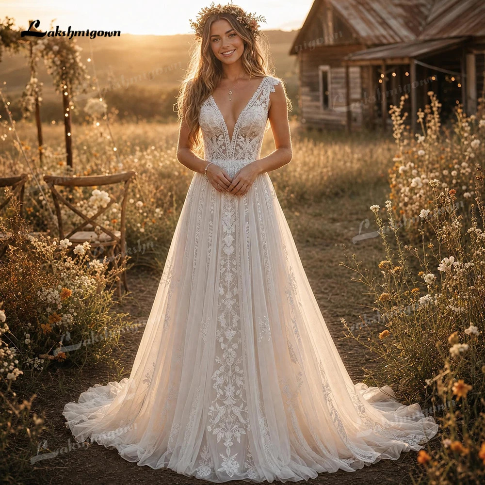 Romantic Tulle A-Line Boho Wedding Dress Cap Sleeveless Deep V Floral Lace Bridal Gown Ruffle Backless Wedding Gowns Customized