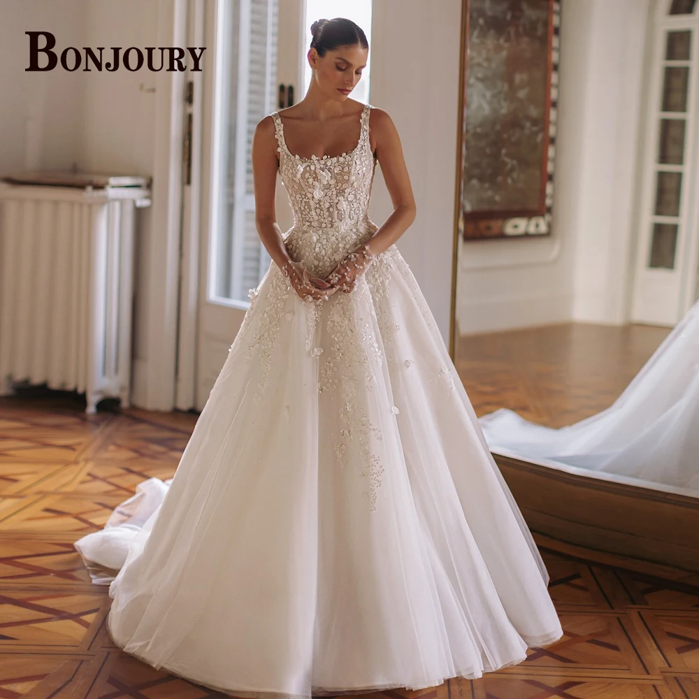 BONJOURY Vintage Backless Wedding Dresses For Woman Bride Tulle Appliques Spagehtti Straps Vestidos De Noiva Customized