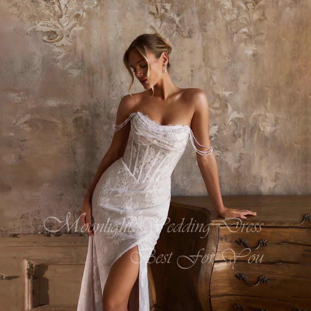 Exquisite Pleat Boat-Neck Lace Beading Mermaid Wedding Dress 2026 Split Off The Shoulder Backless Vestidos De Novia Customized