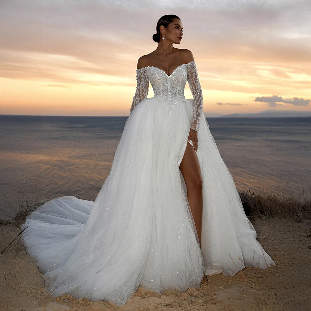 Customized Off Shoulder Lace Long Sleeves Glitter Tulle Skirt High Slit Bridal Dress For Wedding Dress For Rustic Beach Wedding