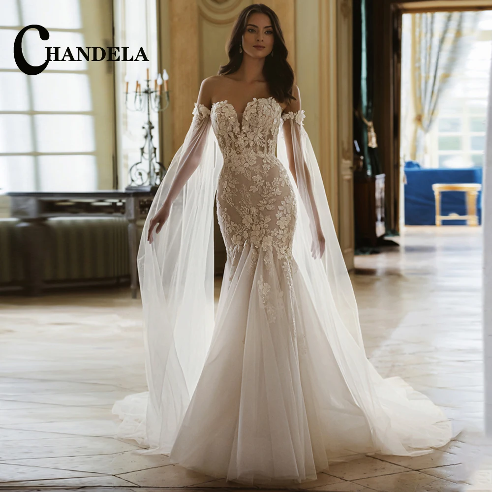 CHANDELA Fashionabl Sweetheart Wedding Dress Bridal Mermaid with Cape Appliques Zipper Vestido De Casamento Customised