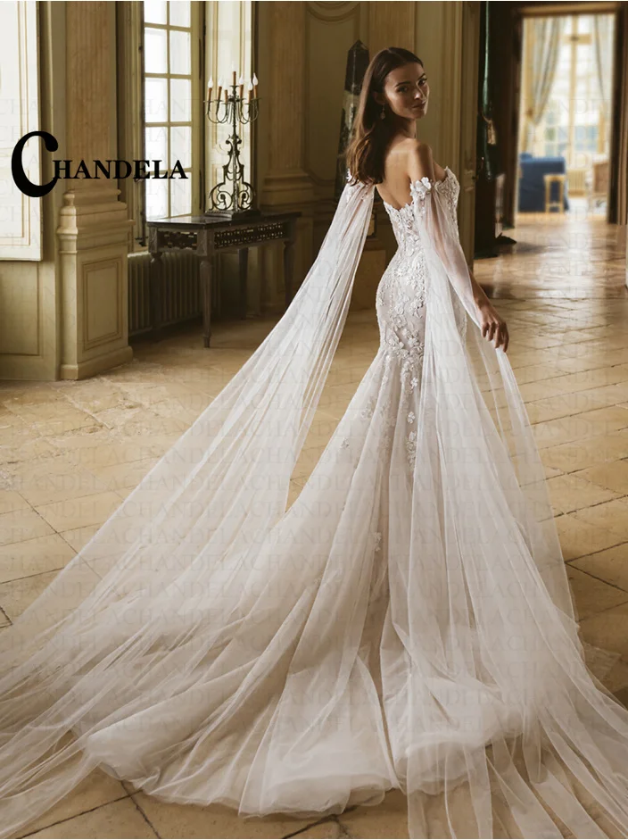 CHANDELA Fashionabl Sweetheart Wedding Dress Bridal Mermaid with Cape Appliques Zipper Vestido De Casamento Customised