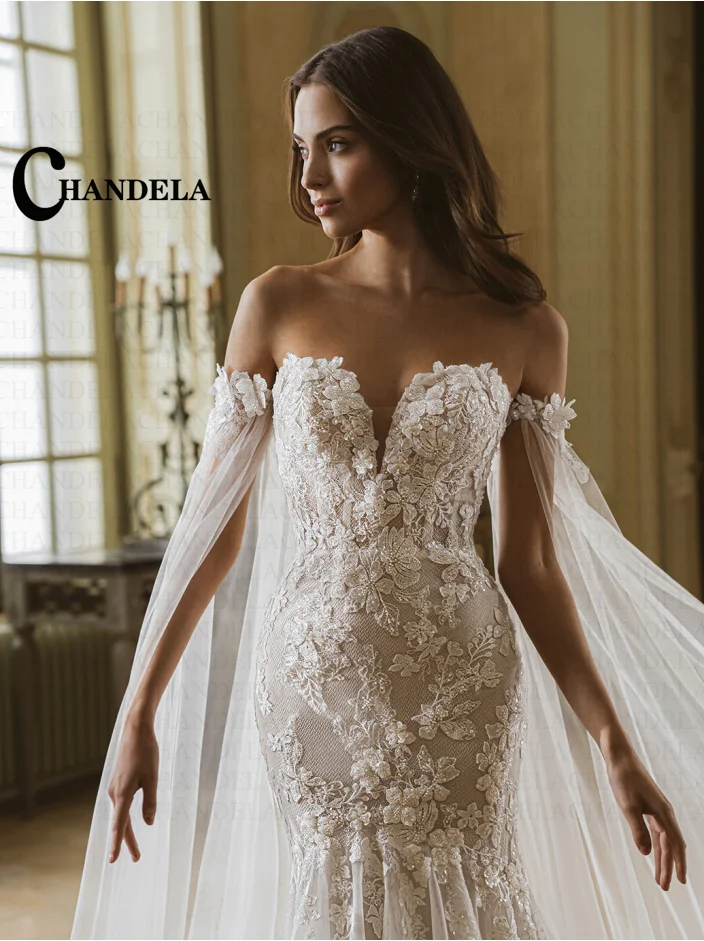 CHANDELA Fashionabl Sweetheart Wedding Dress Bridal Mermaid with Cape Appliques Zipper Vestido De Casamento Customised