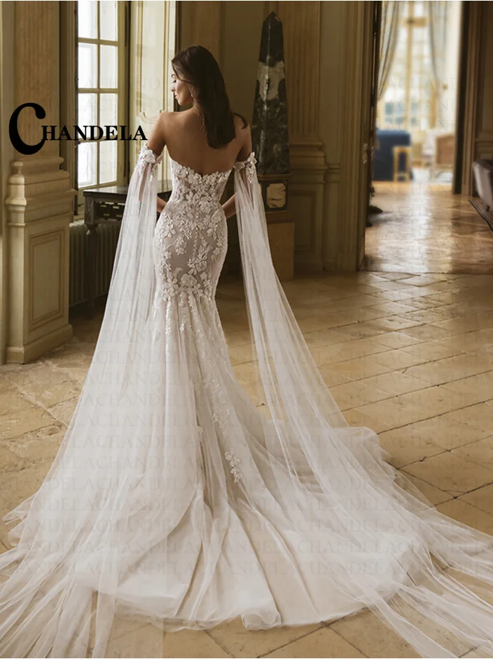 CHANDELA Fashionabl Sweetheart Wedding Dress Bridal Mermaid with Cape Appliques Zipper Vestido De Casamento Customised