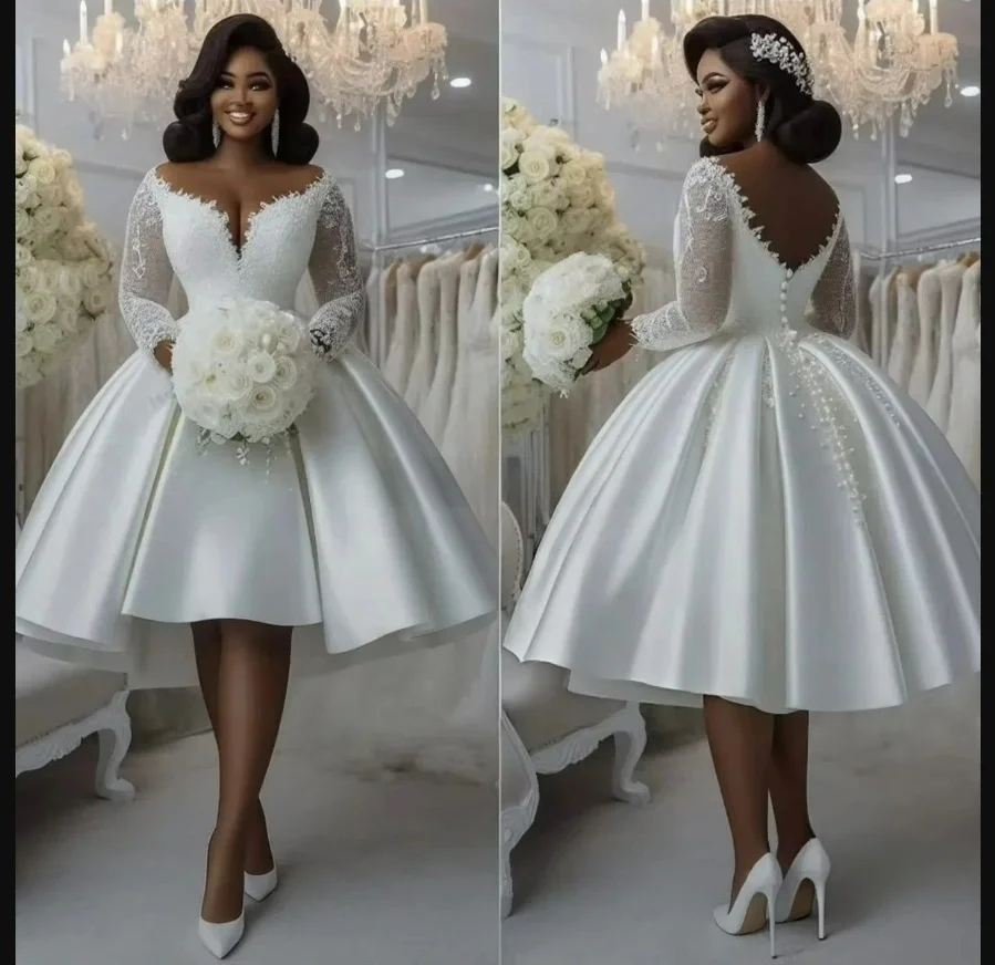 Customized Sheer Neck Lace Appliques Short Wedding Dress Vestidos De Novia Long Sleeves Knee Length Ball gown Bridal Gowns