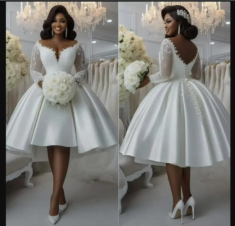 Customized Sheer Neck Lace Appliques Short Wedding Dress Vestidos De Novia Long Sleeves Knee Length Ball gown Bridal Gowns