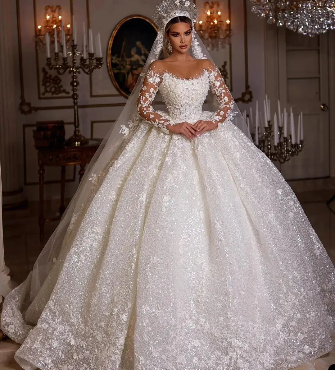 Princess Wedding Dresses Vintage Bridal Gown Beading Shinny Tulle Long Sleeves Robe Elegant Luxury Pretty Dress Customized 2025
