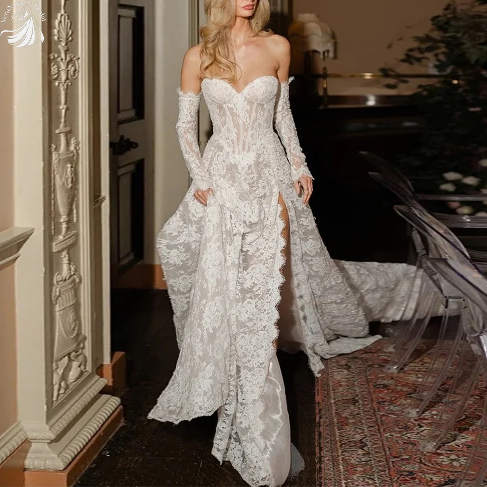 VeraNova Customized Wedding Dresses Sweetheart Neck Detachable Sleeves Lace Bridal Gowns Side High Split Wedding Gowns