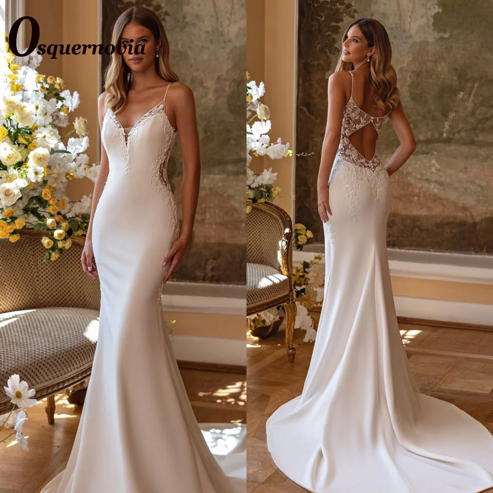 Osquernovia Charming Trumpet Wedding Dresses Spaghetti Straps Lace Appliques V-neck Bridal Gown Vestido De Noiva Customised