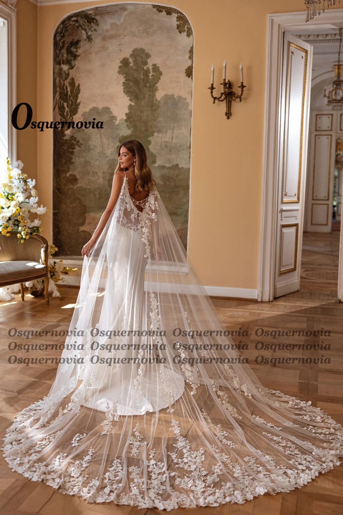 Osquernovia Charming Trumpet Wedding Dresses Spaghetti Straps Lace Appliques V-neck Bridal Gown Vestido De Noiva Customised