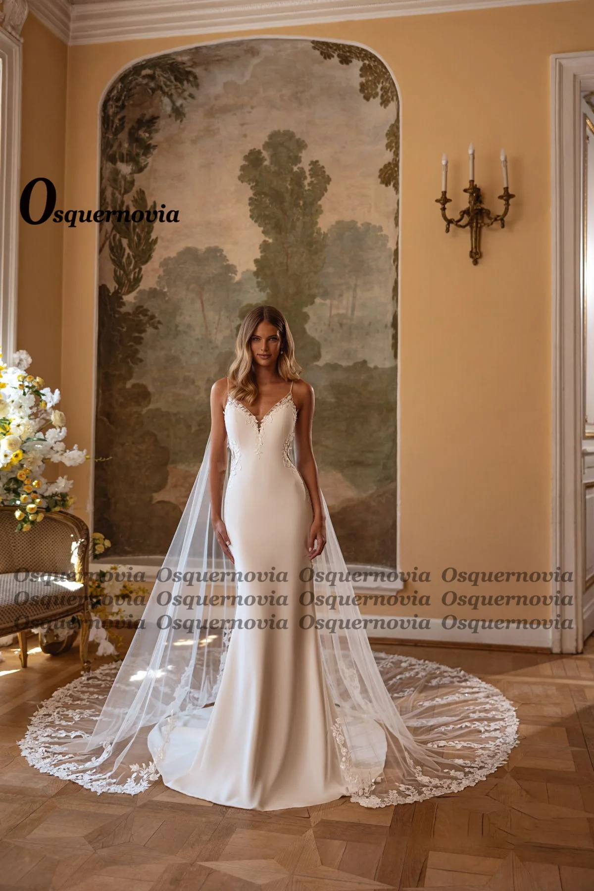 Osquernovia Charming Trumpet Wedding Dresses Spaghetti Straps Lace Appliques V-neck Bridal Gown Vestido De Noiva Customised