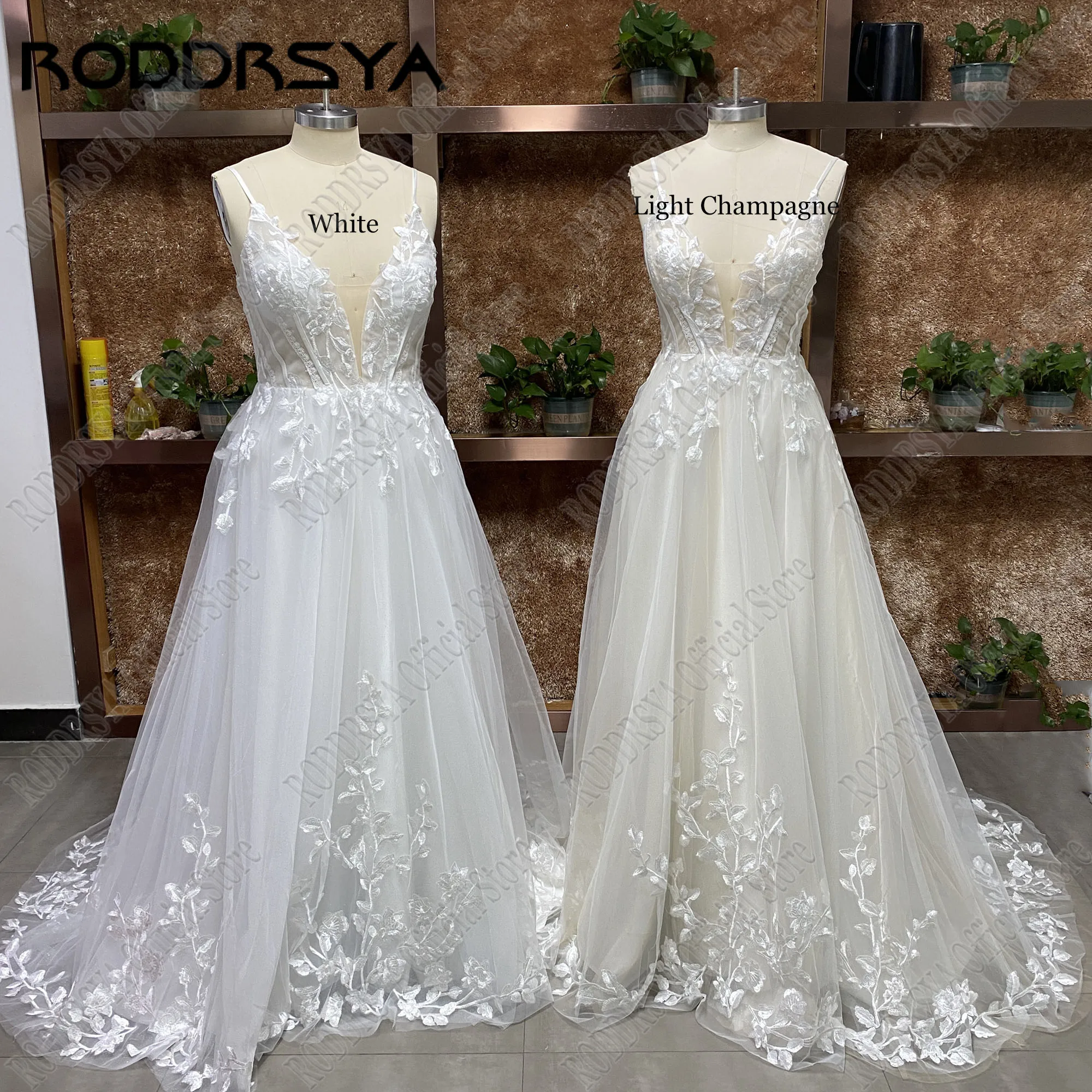 RODDRSYA Spaghetti Straps Glitter Wedding Dress Women V-Neck Applique Backless Boho Vestidos De Novia Sweep Train Customized