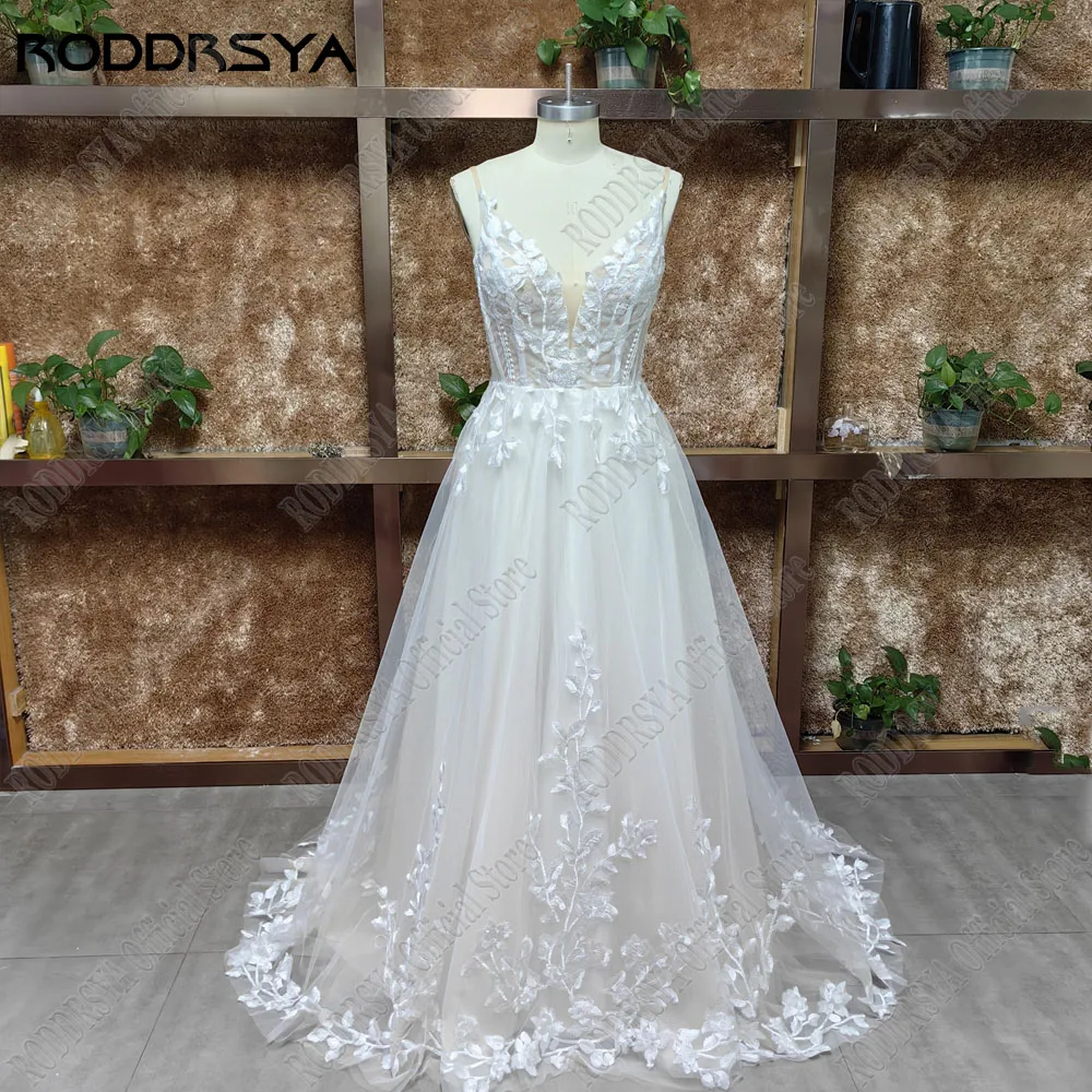 RODDRSYA Spaghetti Straps Glitter Wedding Dress Women V-Neck Applique Backless Boho Vestidos De Novia Sweep Train Customized