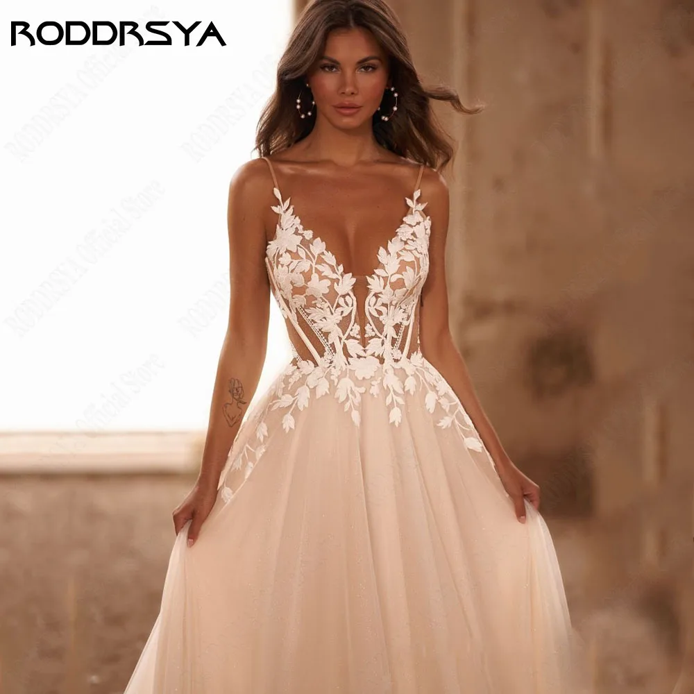RODDRSYA Spaghetti Straps Glitter Wedding Dress Women V-Neck Applique Backless Boho Vestidos De Novia Sweep Train Customized