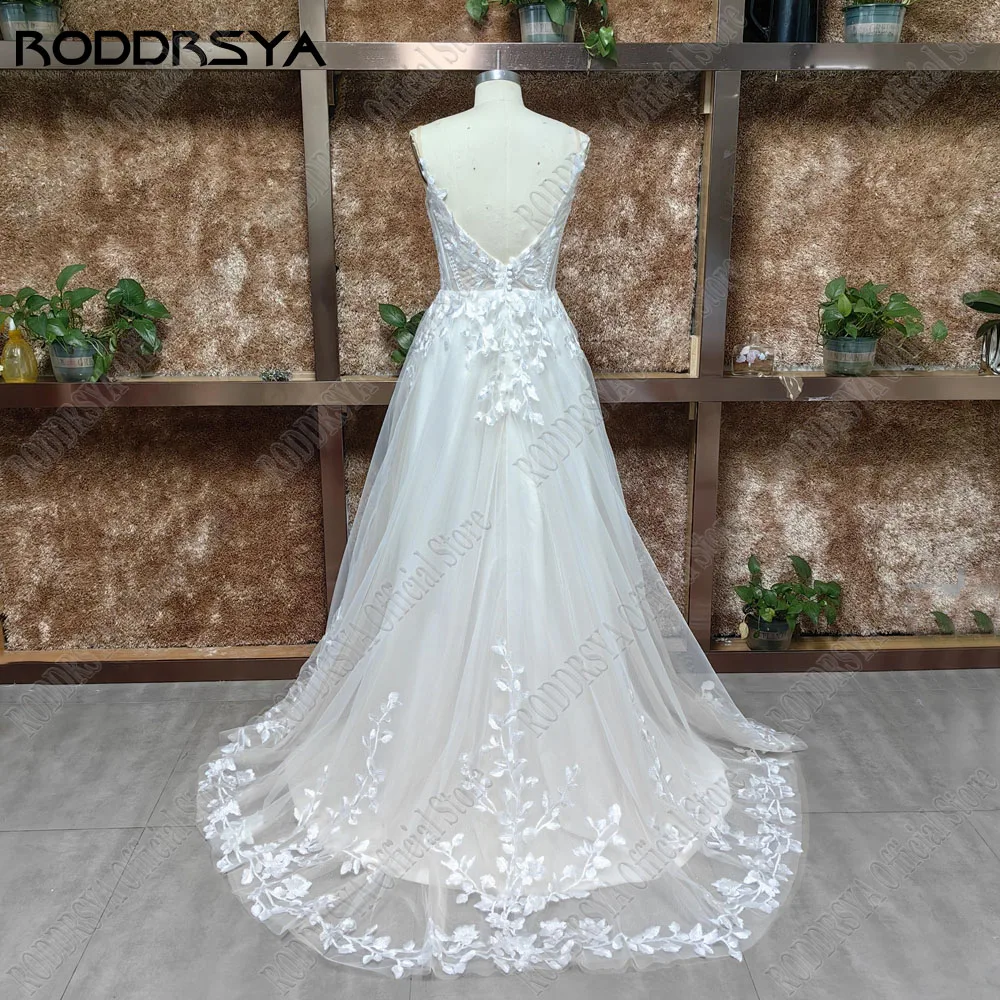 RODDRSYA Spaghetti Straps Glitter Wedding Dress Women V-Neck Applique Backless Boho Vestidos De Novia Sweep Train Customized