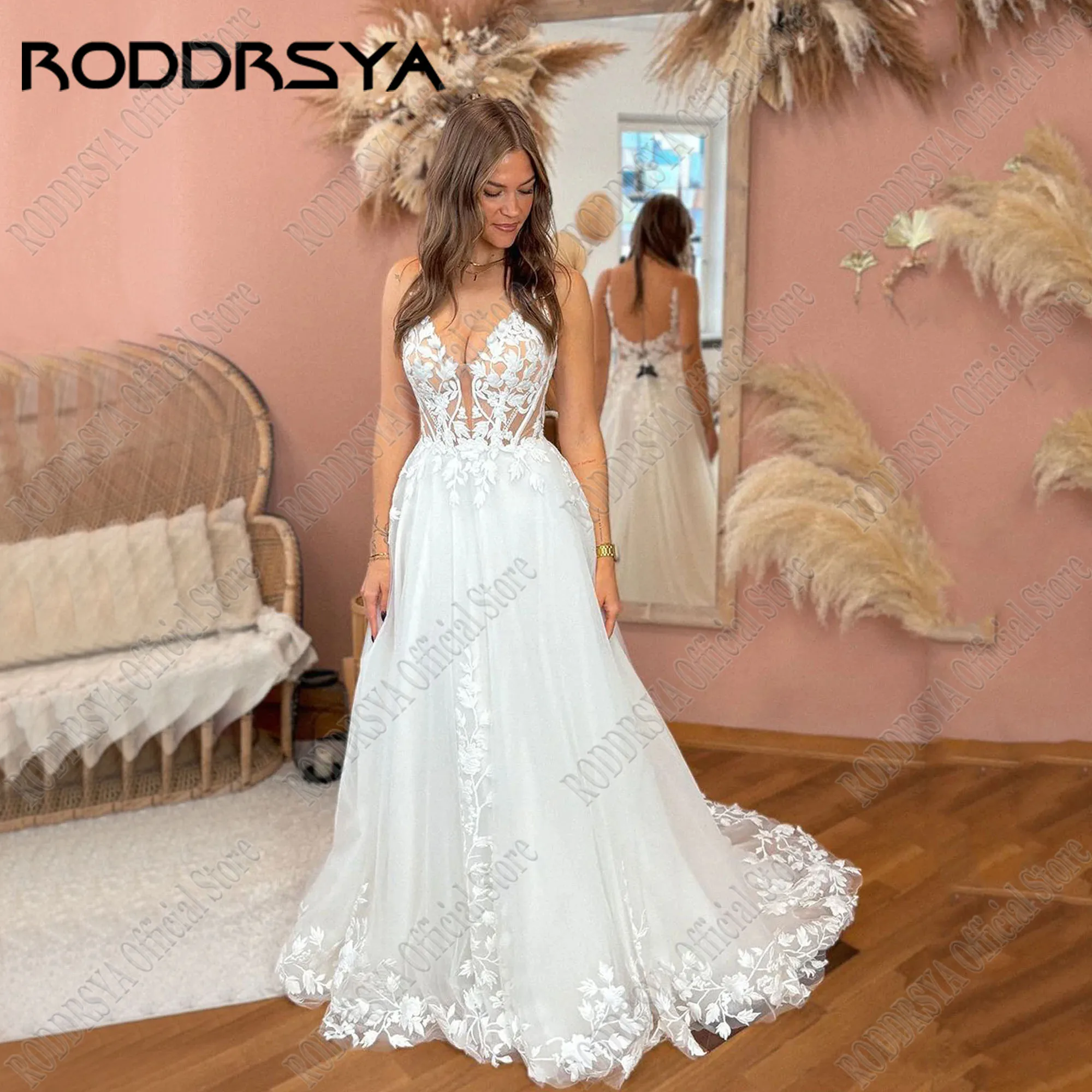 RODDRSYA Spaghetti Straps Glitter Wedding Dress Women V-Neck Applique Backless Boho Vestidos De Novia Sweep Train Customized