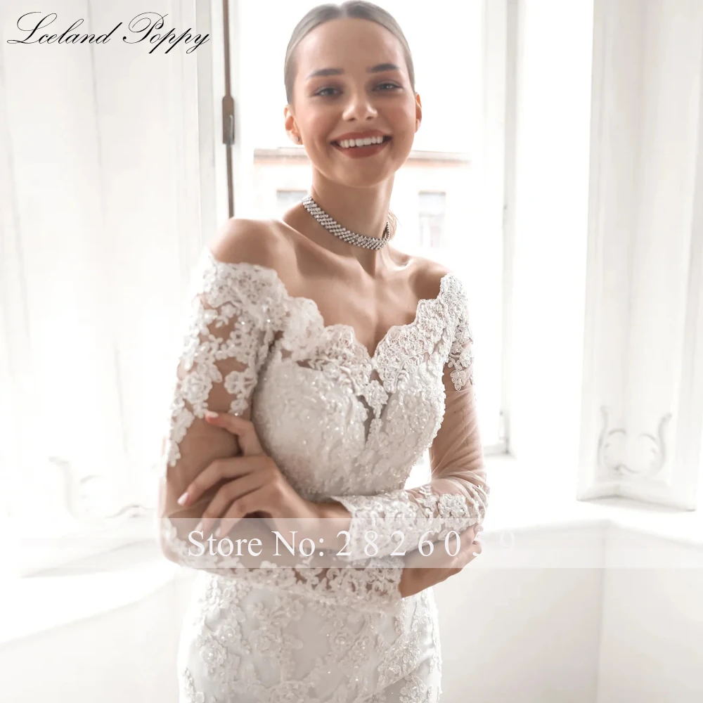 Lceland Poppy Customized Boat Neck Mermaid Lace Wedding Dresses Beaded Appliques Long Sleeves Bridal Gowns with Detachable Train