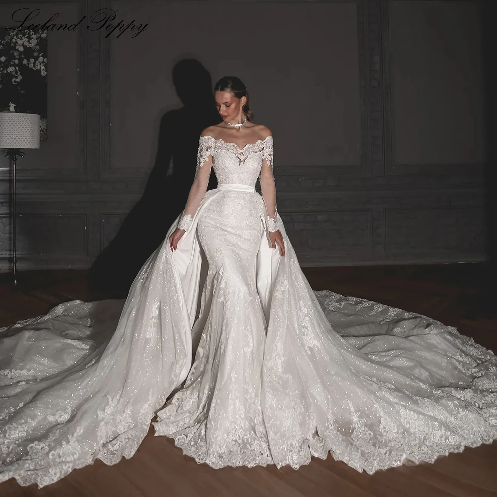 Lceland Poppy Customized Boat Neck Mermaid Lace Wedding Dresses Beaded Appliques Long Sleeves Bridal Gowns with Detachable Train