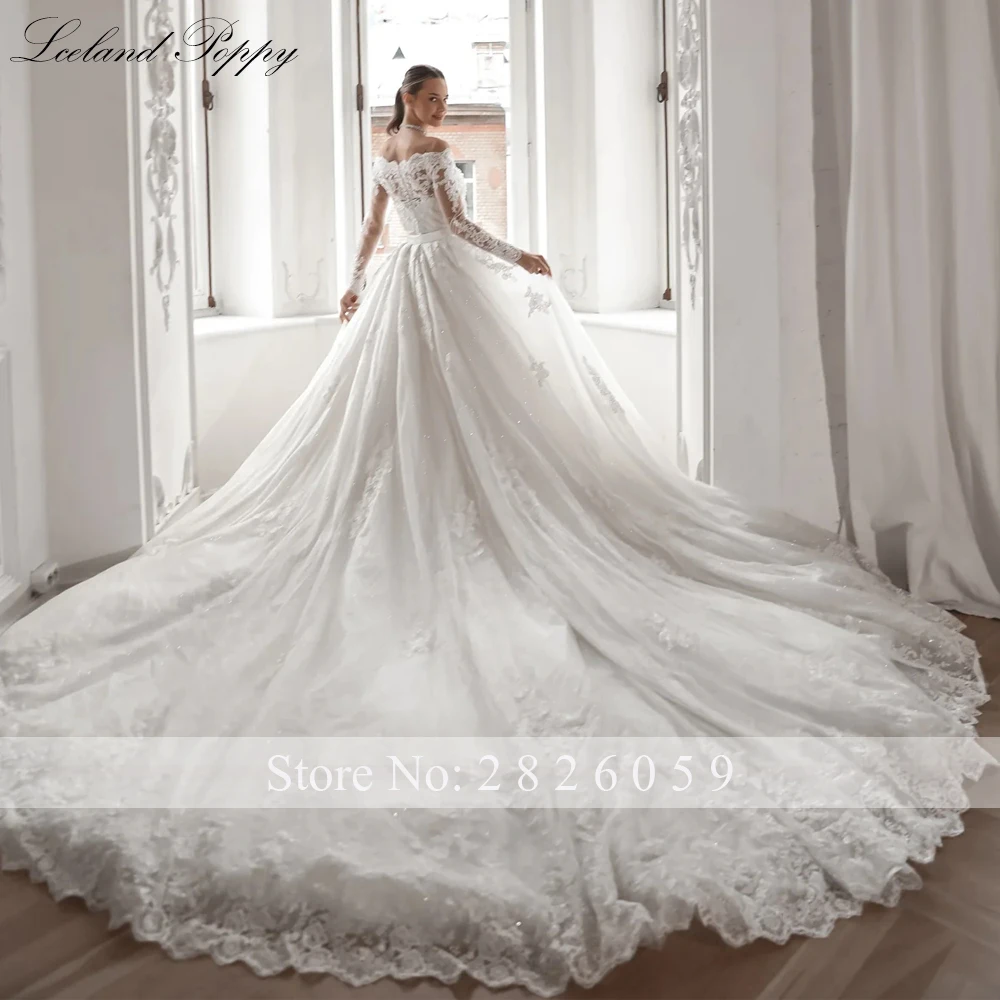 Lceland Poppy Customized Boat Neck Mermaid Lace Wedding Dresses Beaded Appliques Long Sleeves Bridal Gowns with Detachable Train