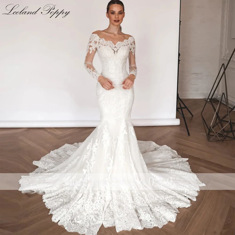 Lceland Poppy Customized Boat Neck Mermaid Lace Wedding Dresses Beaded Appliques Long Sleeves Bridal Gowns with Detachable Train