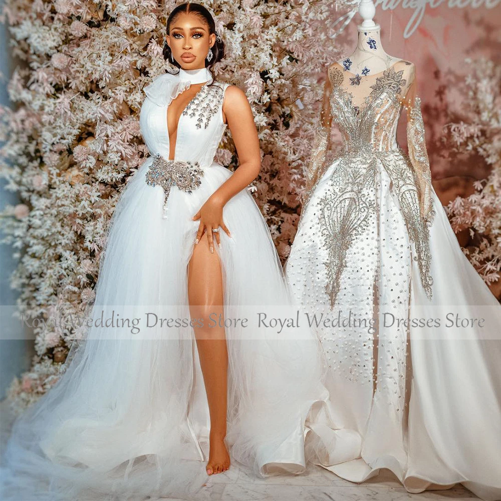 Luxury Wedding Dresses for Women 2023 Bride High Collar A Line Gowns Long Sparkly Crystal Side Slit Sexy Bridal Dress