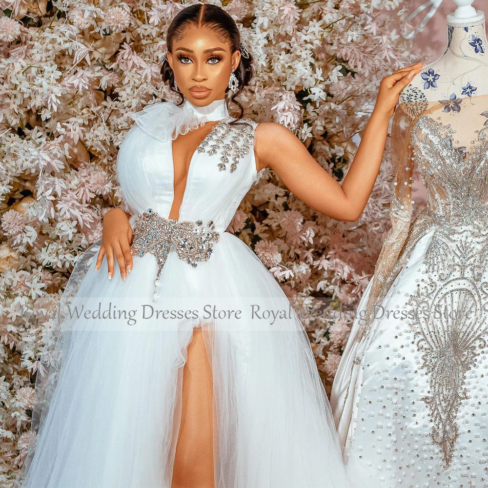 Luxury Wedding Dresses for Women 2023 Bride High Collar A Line Gowns Long Sparkly Crystal Side Slit Sexy Bridal Dress