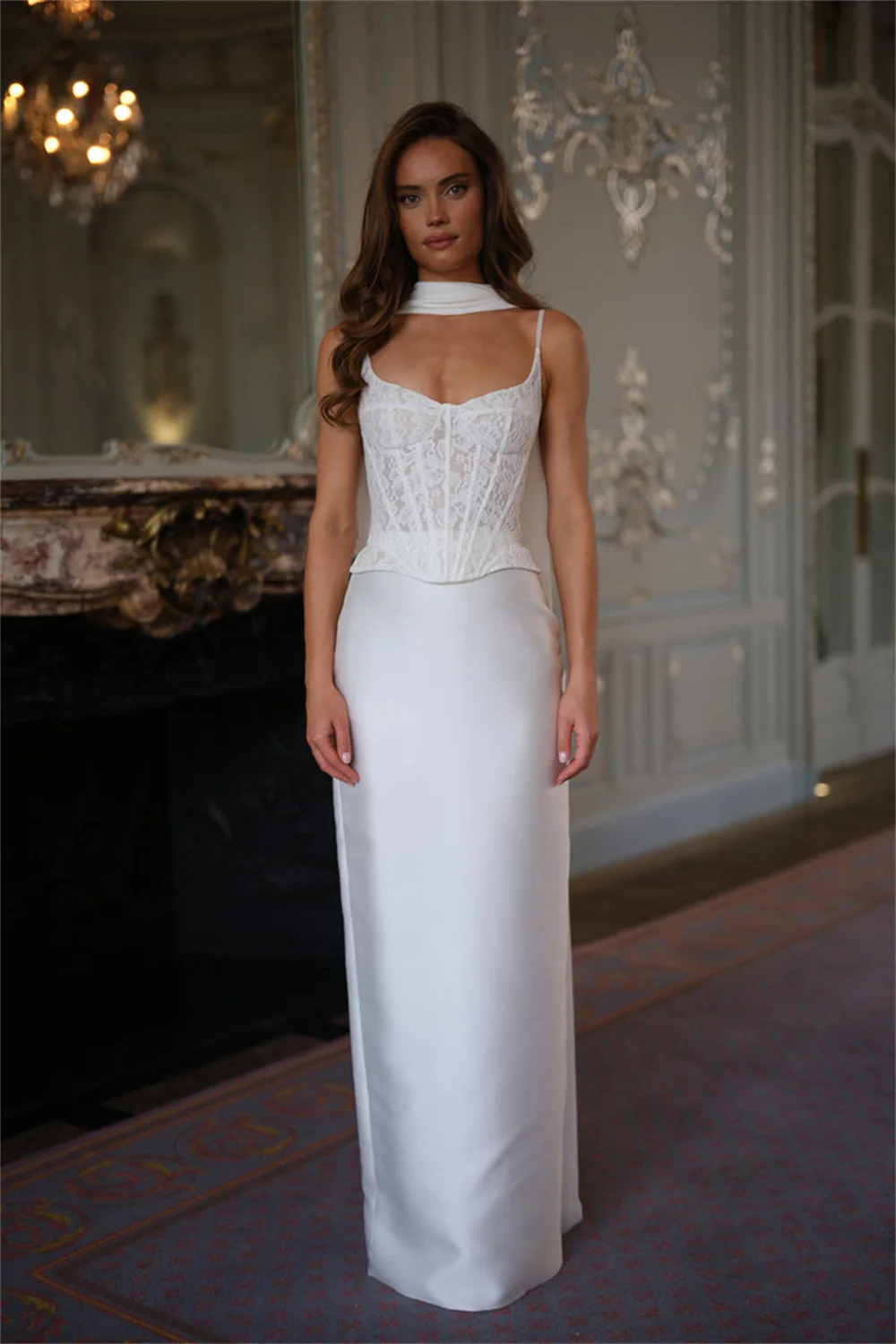 Kyoto Customized White Two-piece Floral Wedding Dress Straight Lace-up Back vestidos de novia Spaghetti Strap Floor-Length Forma