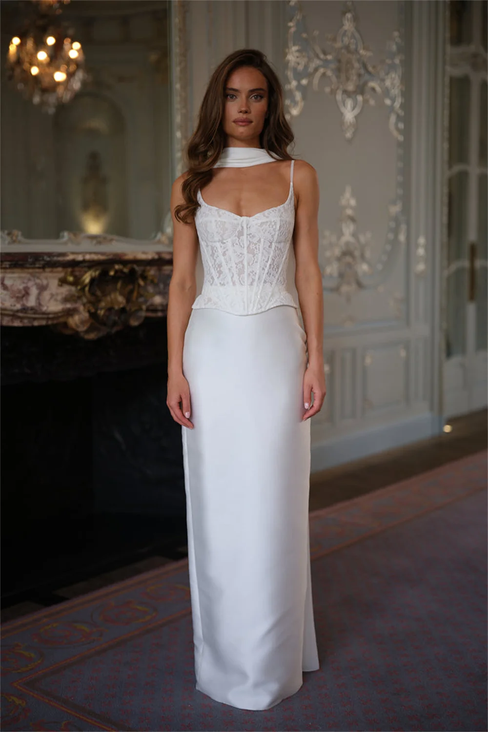 Kyoto Customized White Two-piece Floral Wedding Dress Straight Lace-up Back vestidos de novia Spaghetti Strap Floor-Length Forma