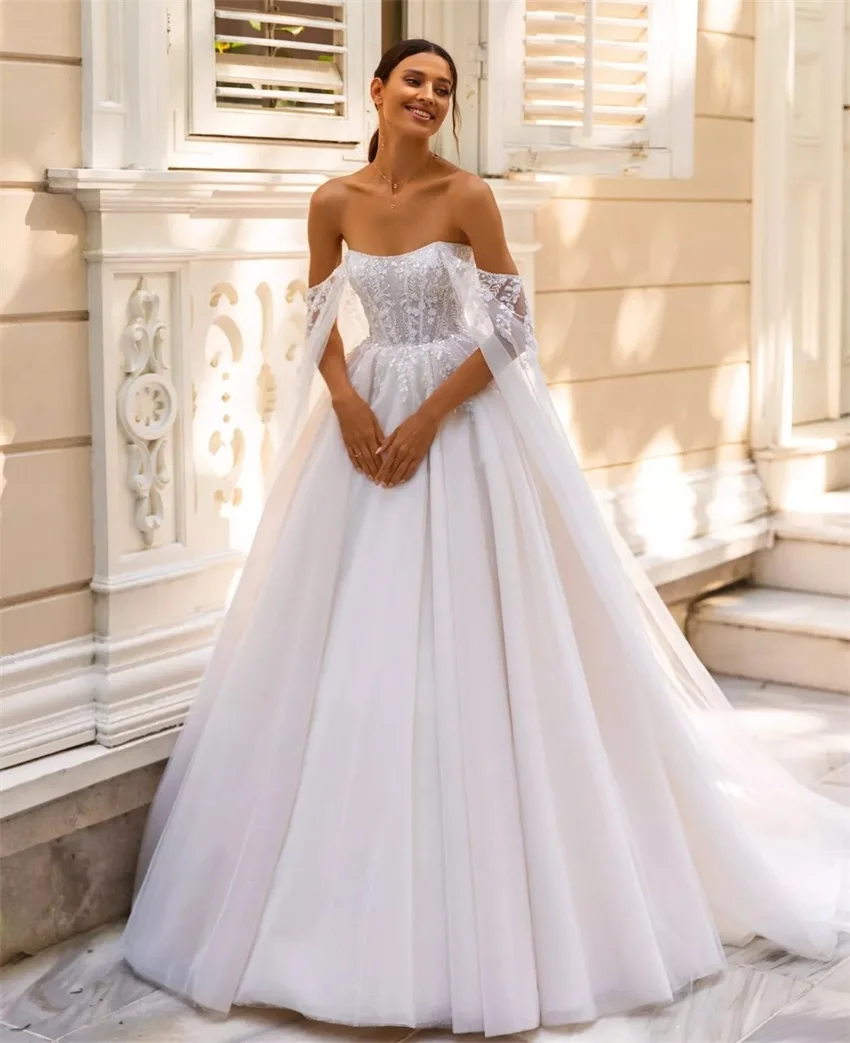 Boho Strapless Long Tulle Sleeves A Line Wedding Dresses Sweep Train Bridal Gowns Princess Marriage Appliques vestidos de novia