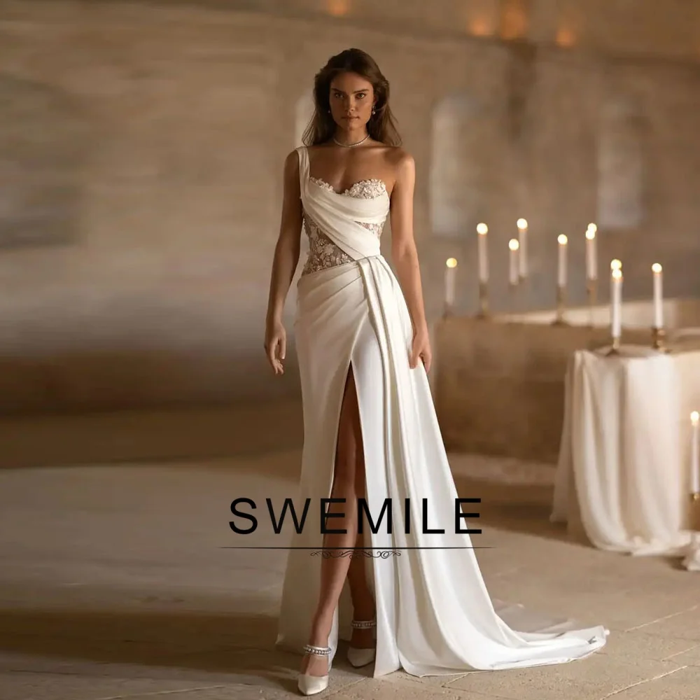BM Bridal Stylish One Shoulder Wedding Dress for Women Bride Gowns Appliques Pleating Zipper Slit Vestidos Para Mujer Customized
